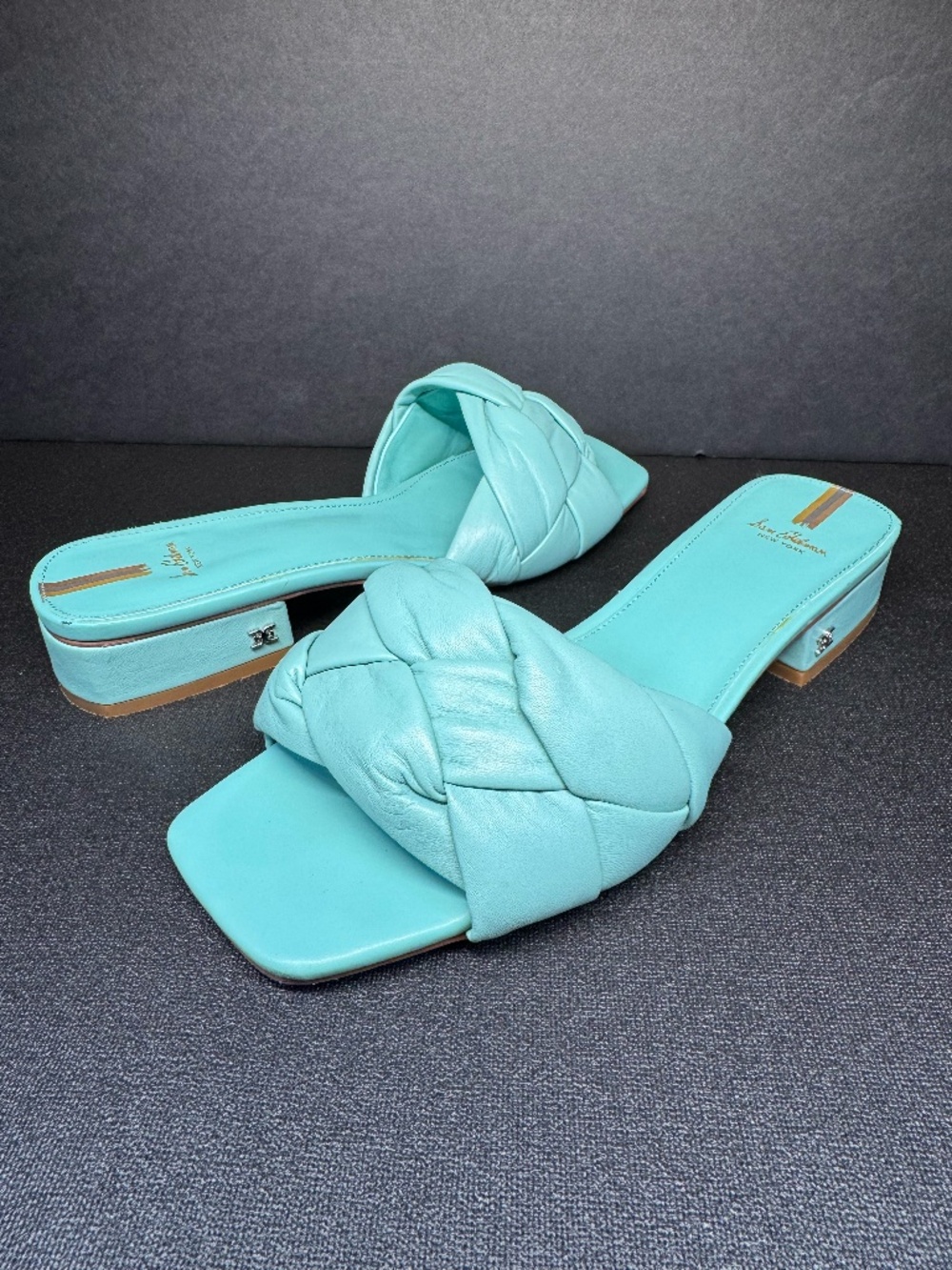 Sam Edelman Dawson Aqua Leather Braided Slide Sandals Block Heel Size 10